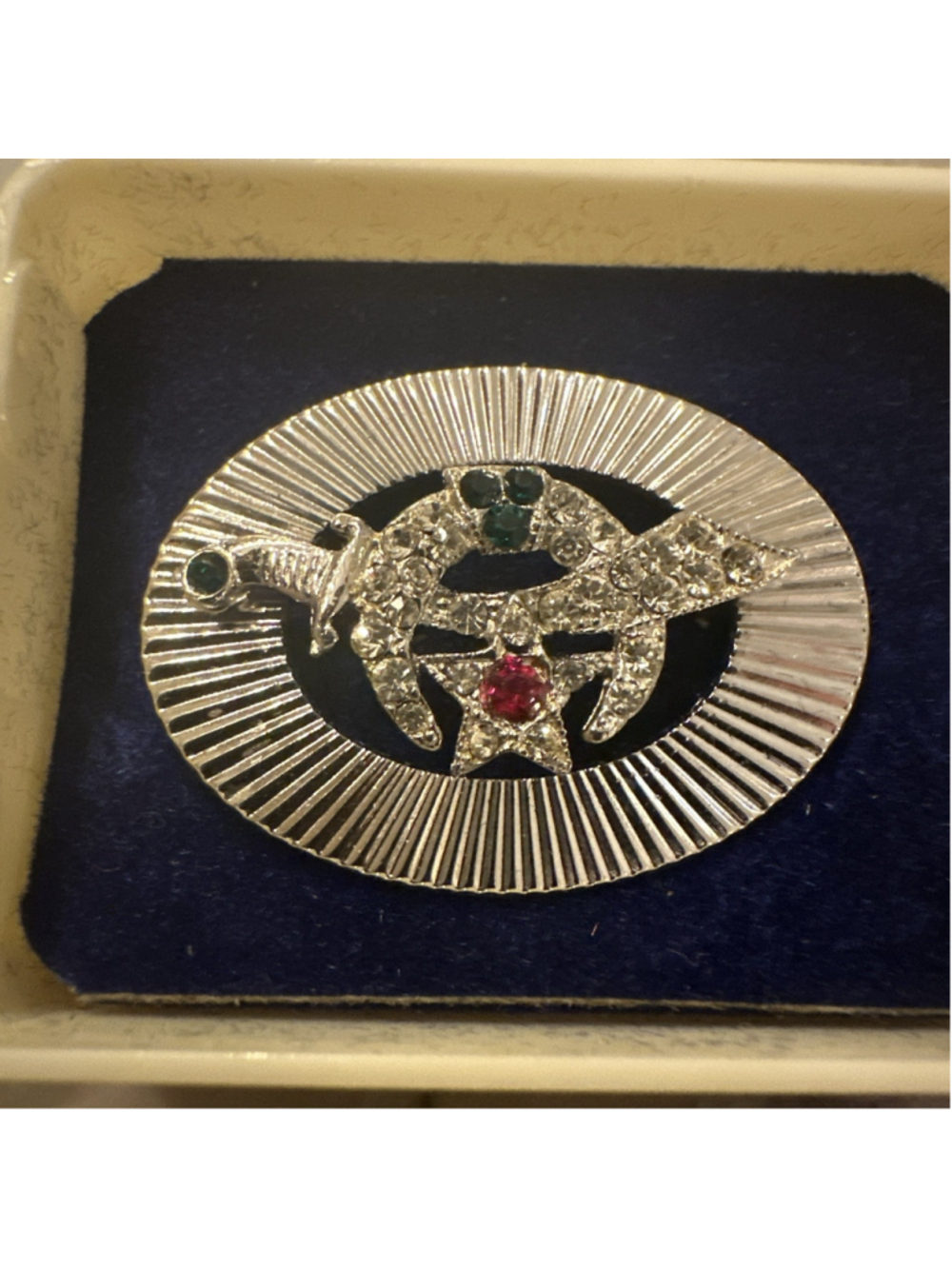 Vtg Shriners Brooch Pin Masonic Freemason Rhinestone In Box scimitar & crescent